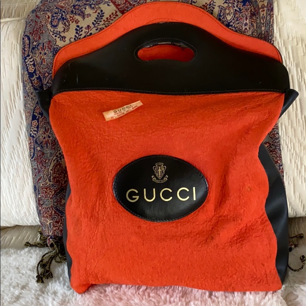 Rate vintage orange wool/black leather Gucci tote